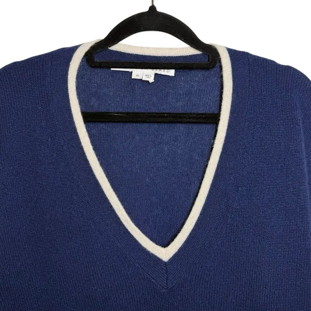 Veronica Beard Navy Blue Cream Trim Cashmere Preppy Cozy V Neck Sweater XS